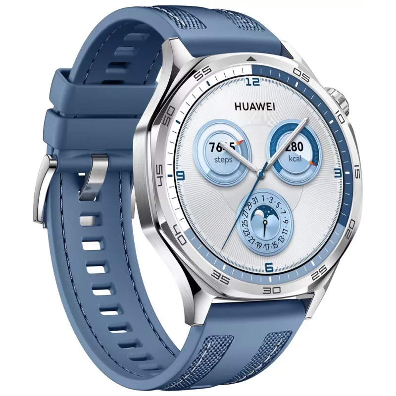Smartwatch HUAWEI WATCH GT5 46mm – 1,43 polegadas AMOLED, GPS, 524 mAh, caixa em aço inoxidável, bracelete de tecido azul