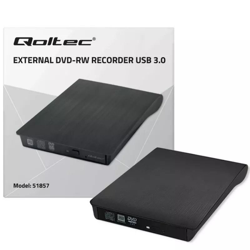 Unidade externa DVD-RW QOLTEC 51857 — USB 3.0, interface SATA, DVD±R 8x, DVD±RW 4x, DVD-RAM 5x, CD 24x, preto