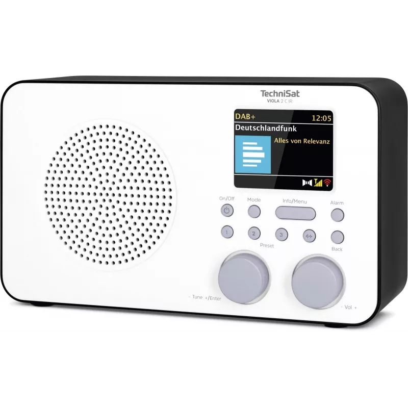 Rádio de internet TECHNISAT VIOLA 2 C IR — sintonizador analógico e digital, DAB+/FM, Wi‑Fi, 3 W, TFT 2,4 polegadas, 3,5 mm, preto/branco