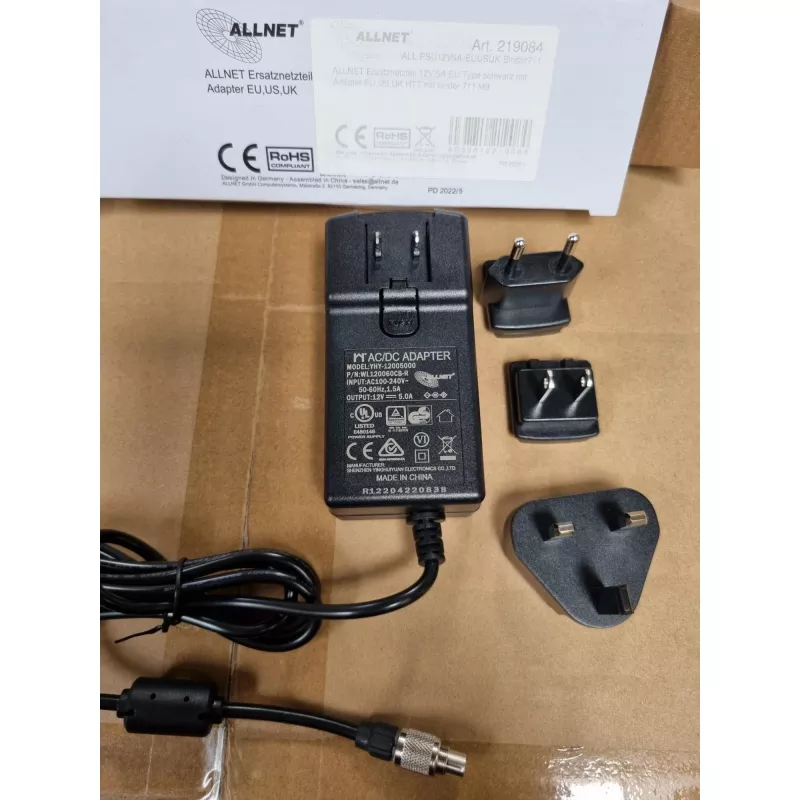Fonte de alimentação ALLNET ALL-PSU12V5A-EUUSUK-Binder711 12V 5A com ficha Binder 7/11 (fichas EU/US/UK)