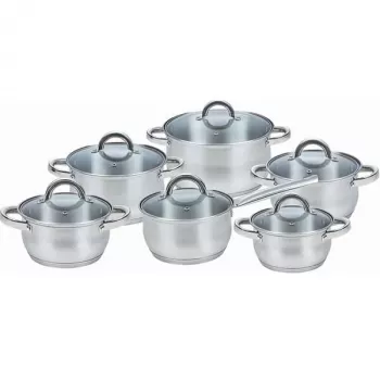 Conjunto de panelas Maestro MR-2120-12 — coleção de 12 peças em aço inoxidável com revestimento antiaderente, adequado para indução, inclui 6 panelas (16–24 cm) e tampas de vidro