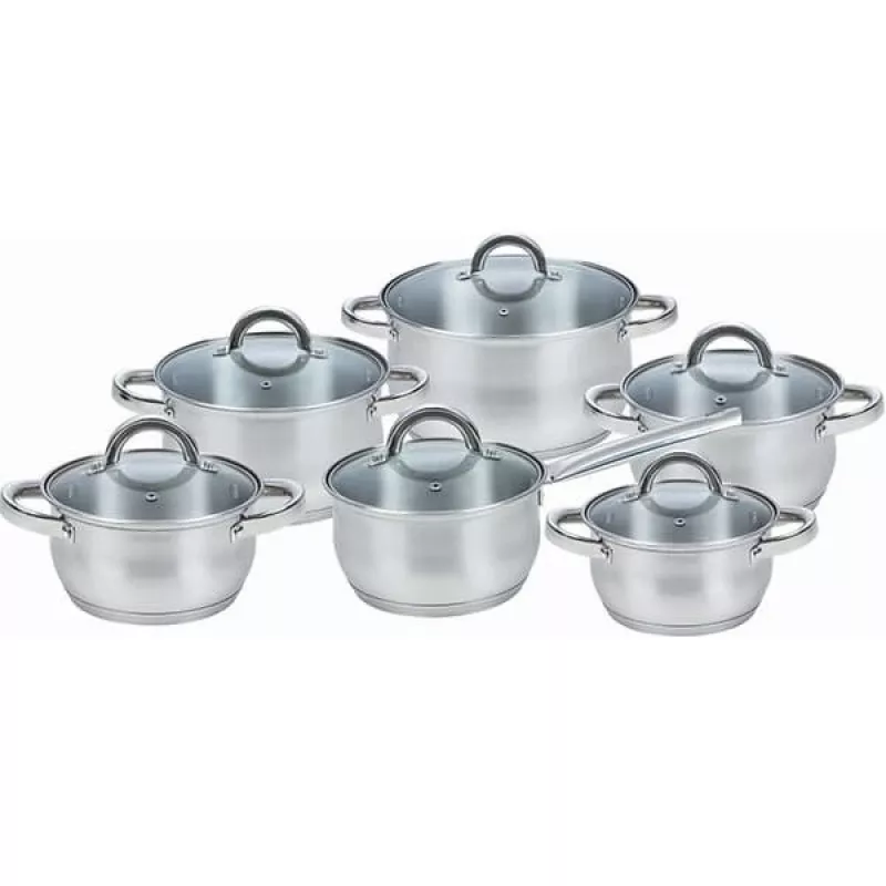 Conjunto de panelas Maestro MR-2120-12 — coleção de 12 peças em aço inoxidável com revestimento antiaderente, adequado para indução, inclui 6 panelas (16–24 cm) e tampas de vidro