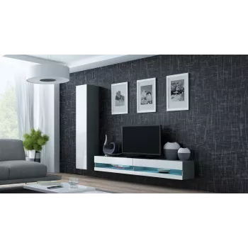 Suporte de TV Cama Meble VIGO NEW 30/140/40 — 1400×400×300 mm, tampo cinzento, aglomerado, estrutura cinzenta, frentes brancas brilhantes