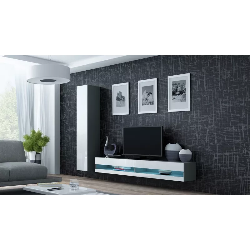 Suporte de TV Cama Meble VIGO NEW 30/140/40 — 1400×400×300 mm, tampo cinzento, aglomerado, estrutura cinzenta, frentes brancas brilhantes
