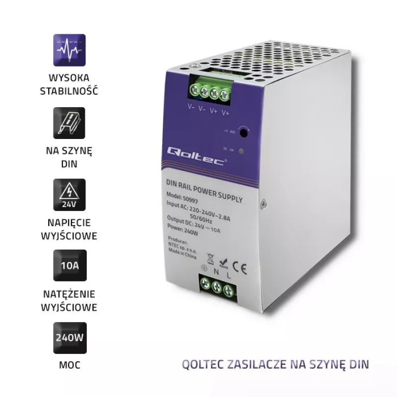 Fonte de alimentação para calha DIN QOLTEC 50997 240W 24V 10A