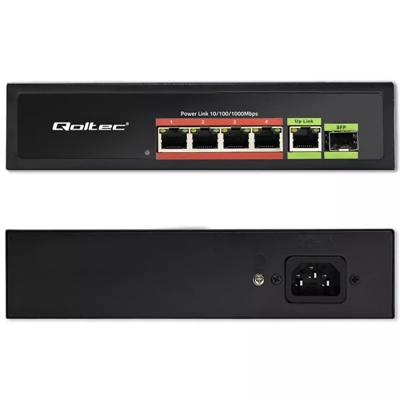 Switch Ethernet PoE QOLTEC 52296 — 4 portas RJ45 PoE, 1 uplink RJ45