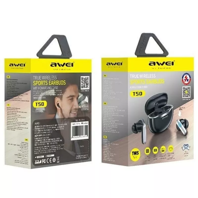 Auscultadores Awei Bluetooth 5.3 T50 TWS estojo de carregamento /preto
