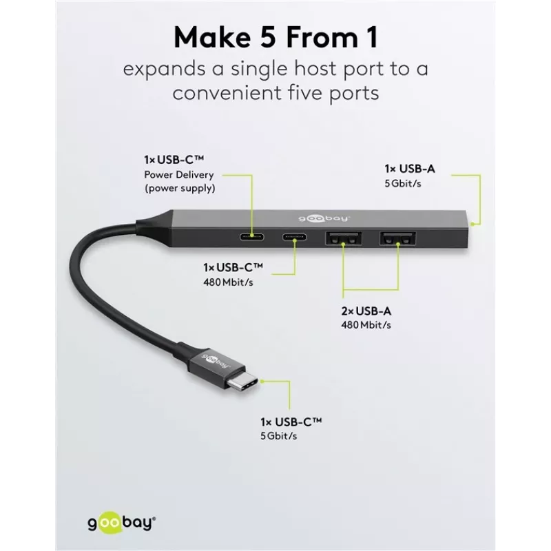 Hub USB Goobay Slim 5 portas, USB-C™ para USB-C™/USB-A, USB 3.2 (74460)