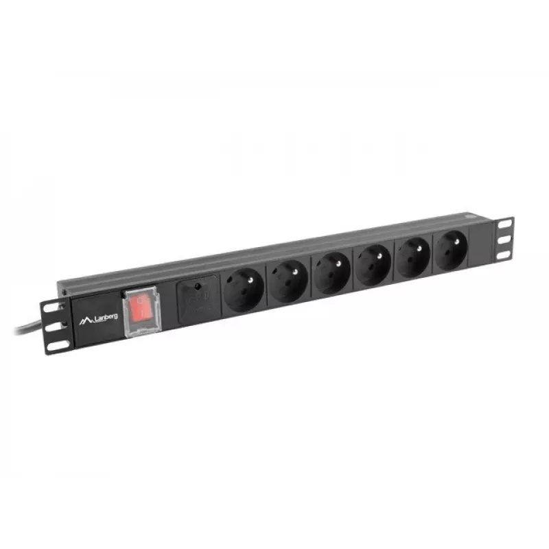 Unidade de distribuição de energia LANBERG PDU-06E-0200-BK — 6 saídas Type-E, 16 A, cabo de 2 m, rack 1HE, 220–250 V