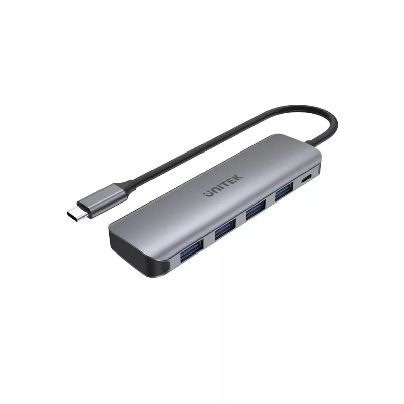 Hub USB Unitek P5+ — 5 portas (4 × USB 3.2 Gen 2 Type-A), host USB 3.2 Gen 1, 5 Gbit/s, 10 W PD, alumínio, cinzento