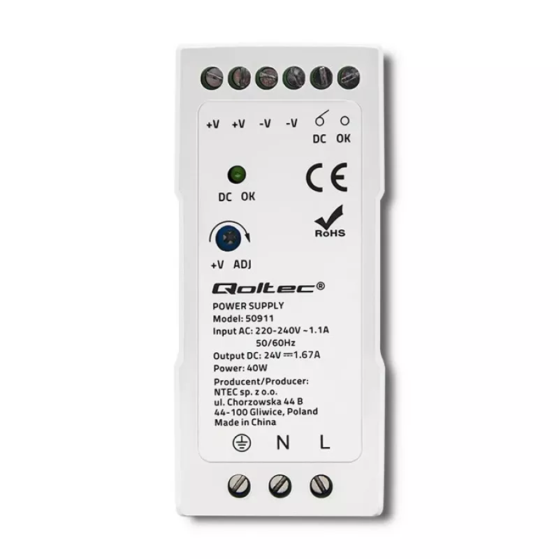 Fonte de alimentação para calha DIN Qoltec | 40W | 24V | 1.67A | branco | slim