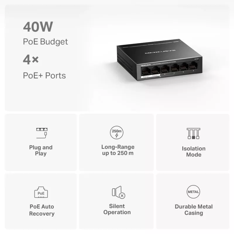 Switch de secretária Mercusys 6 portas 10/100Mbps com 4 portas PoE+