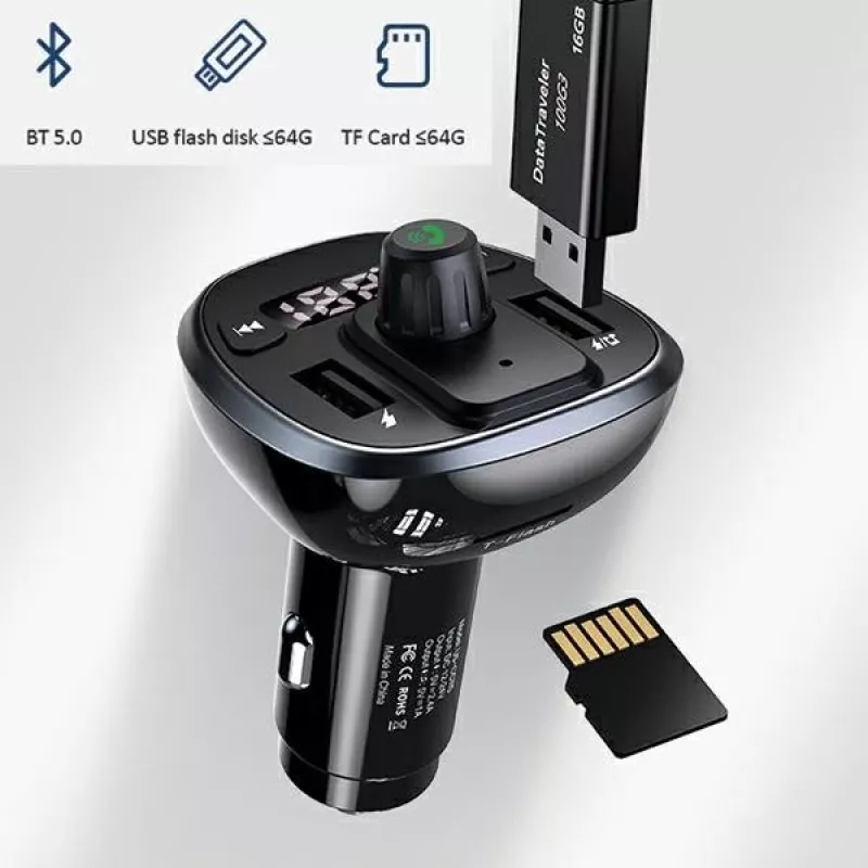 USAMS US-CC115 C21 Transmissor FM para automóvel com carregador USB duplo, Bluetooth 5.0, 3,4 A, preto