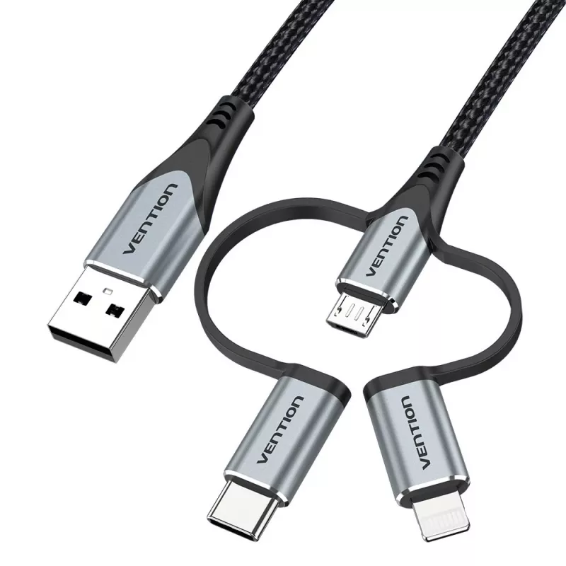 Cabo Vention USB 2.0 A macho para 3-em-1 Micro-B&USB-C&Lightning macho 1M cinzento liga de alumínio
