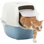 Caixa de areia para gatos com tampa Rotho Bailey 560×400×390 mm, azul/branco, filtro de carvão, asa, porta basculante