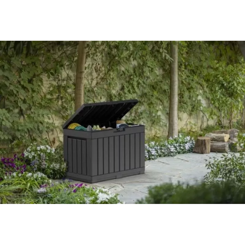 Caixa de arrumação para exterior Keter Kentwood 190L — 190 litros, grafite, porta rebatível, 823×457×577 mm