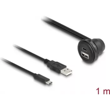 Cabo DeLOCK USB 2.0, USB Type-A macho e USB Type-C macho para USB Type-A fêmea e USB Type-C fêmea 90° angular, 1 m, preto