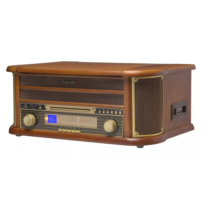 Denver MCR-50MK3 aparelhagem retro com gira-discos, CD/MP3, leitor de cassetes e rádio, 2 x 2,5 W, acabamento em madeira