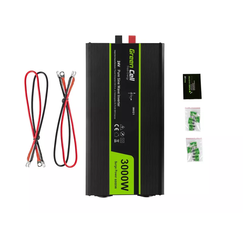 Inversor para automóvel Green Cell INV21 6000 W, 24V DC-AC, saída 230V, 2x USB PD, arrefecimento ativo, conectores DC removíveis, preto