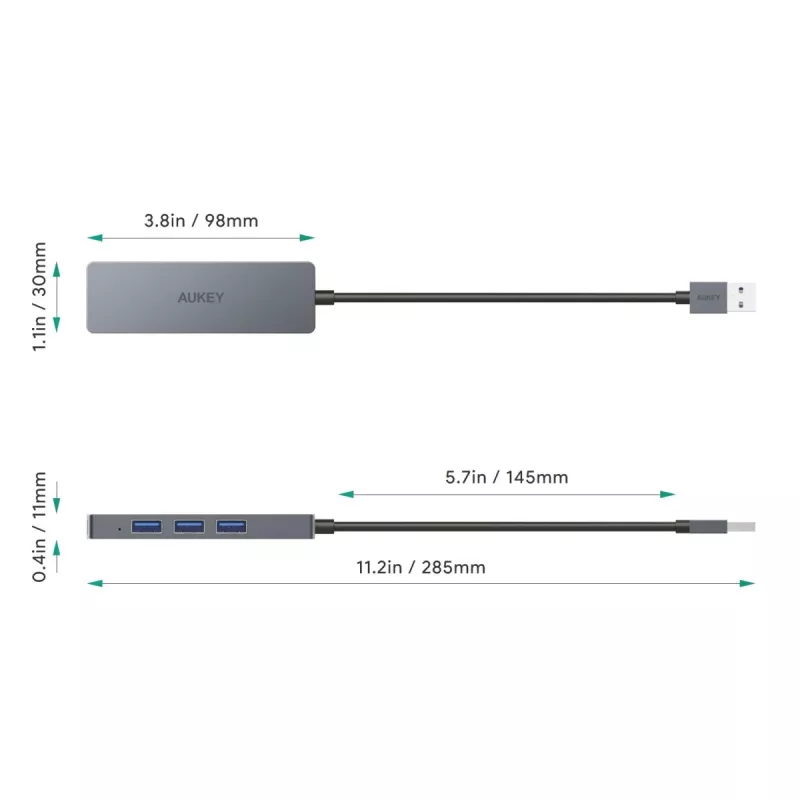 Hub USB Aukey CB-H36 — 4 portas USB 3.2 Gen 1 Type-A, host USB 2.0, 5000 Mbit/s, alumínio prateado