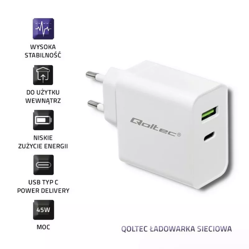 Carregador Qoltec 51718 | 45W | 5-20V | 2,4-3A | USB Type-C PD | USB | branco