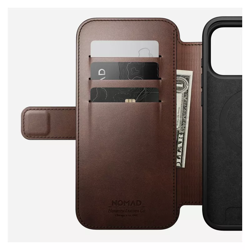 Capa para telemóvel tipo carteira Nomad Modern Leather Folio para iPhone 17 Pro Max — castanha, pele, ecrã de 6,3 polegadas, 4 compartimentos para cartões