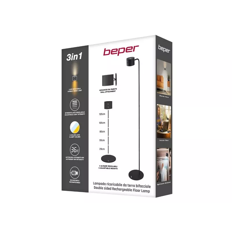 Beper P201UTP306 candeeiro LED recarregável de altura ajustável, de chão e para montagem na parede, 2,3 W, regulável, preto