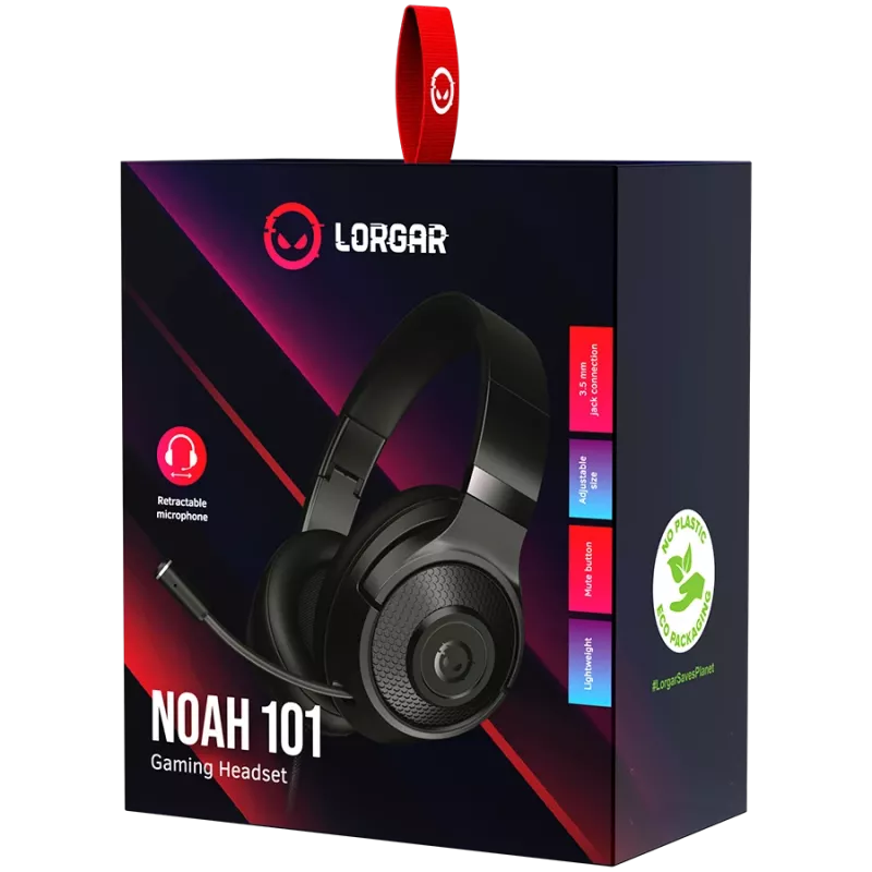 LORGAR Noah 101, headset gaming com microfone, ligação jack 3,5 mm, comprimento do cabo 2 m, design dobrável, almofadas de couro ecológico PU, tamanho: 185*195*80 mm, 0,245 kg, preto