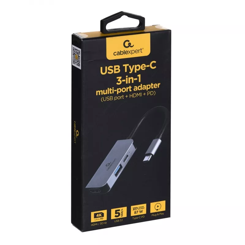Gembird A-CM-COMBO3-02 adaptador multiporta USB-C 3 em 1, hub USB 3.2 Gen 1, HDMI 4K, USB-C PD 87 W, prateado