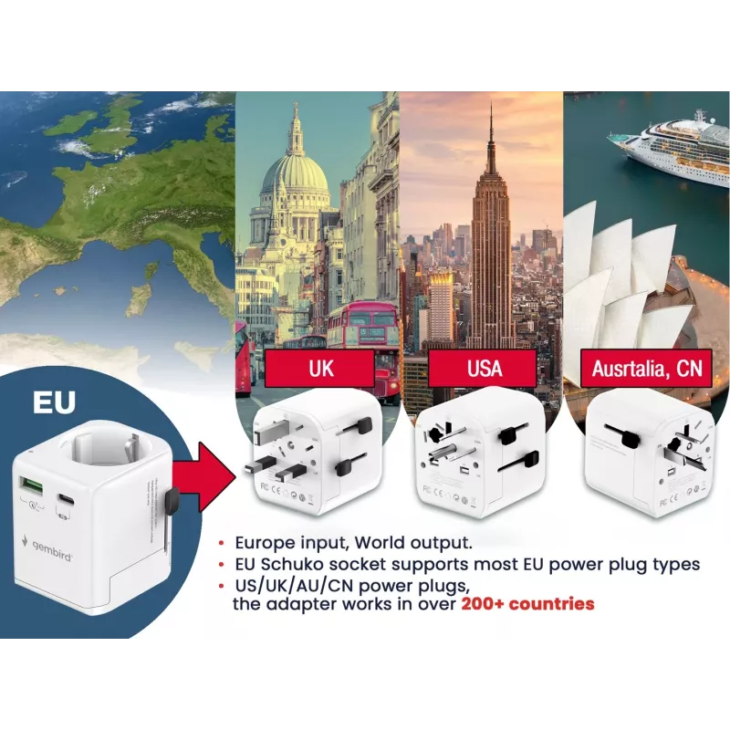 Fonte de alimentação de viagem GEMBIRD TPA-EU1A1C20-01-W 20W, USB-A 18W + USB-C 20W, tomada Schuko, entrada 100–250 V