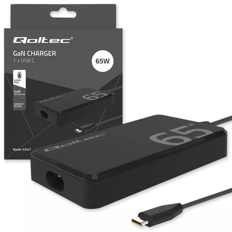 Carregador QOLTEC 65W GaN Super Fast fino PD 5-20V 3,25A USB-C
