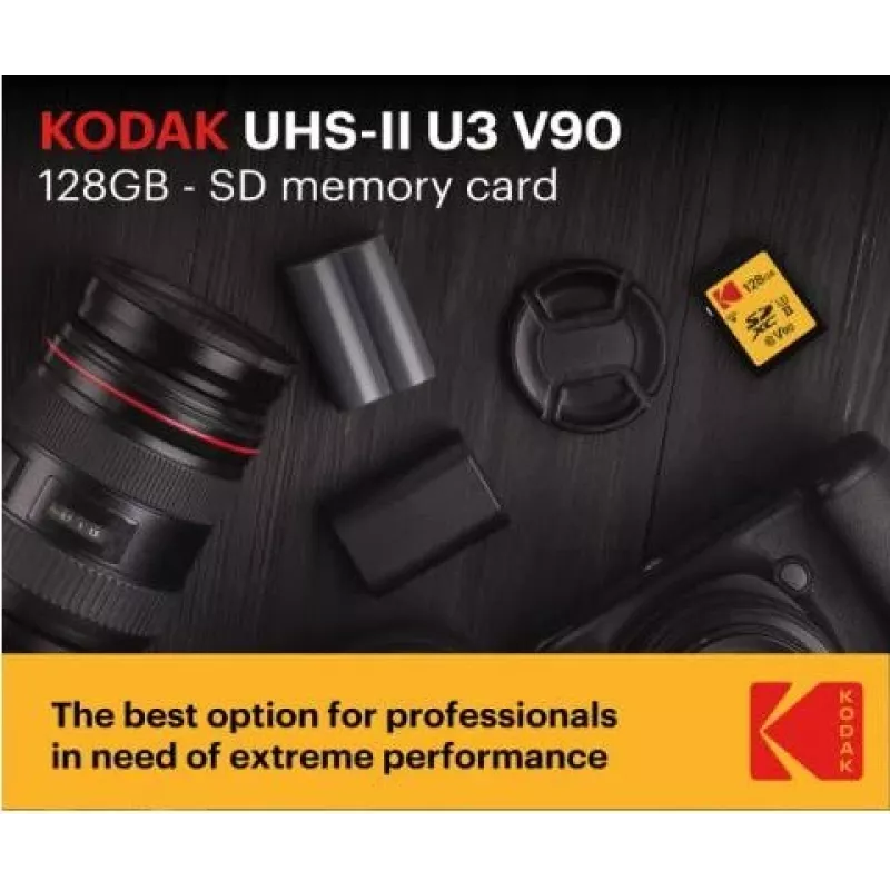 Cartão de memória Kodak EKMSD128GUHS2V2K SDXC UHS-II 128 GB, leitura 300 MB/s, escrita 270 MB/s, U3 V90, classe 10