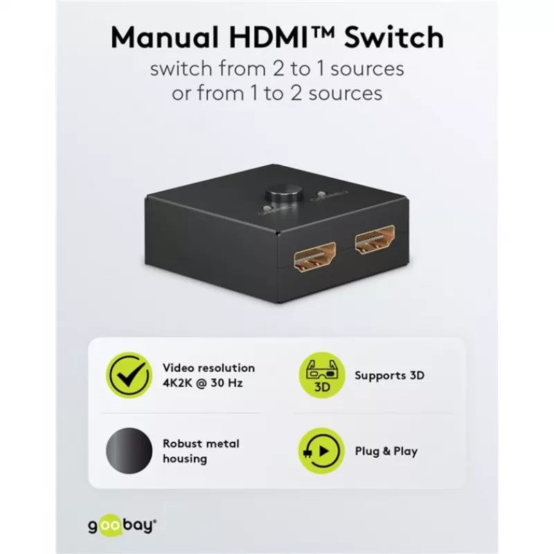 Goobay 58485 Comutador HDMI manual 2 para 1, 4K 30 Hz, Preto