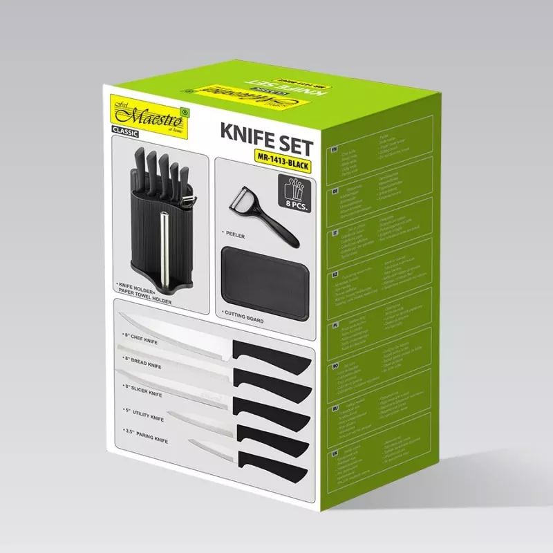 Conjunto de bloco de facas e talheres Maestro MR-1413 – preto, 8 peças, lâminas de aço inoxidável com suporte, porta-rolos de papel