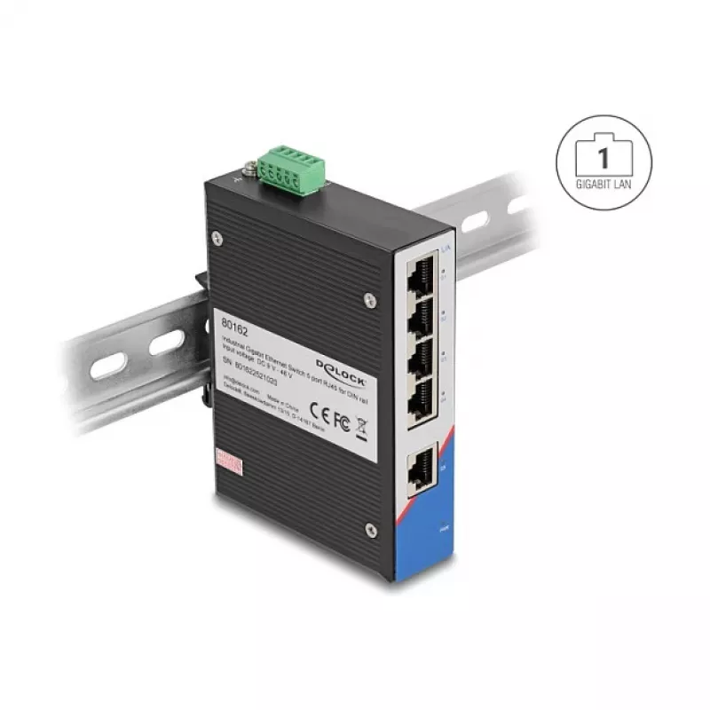 Switch Ethernet DELOCK 80162 — 5 portas Gigabit RJ45 para montagem em calha DIN
