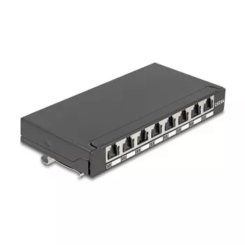 Patch panel DELOCK Mini Desktop RJ45 8 portas Cat.6A blindado preto para secretária, parede ou calha DIN