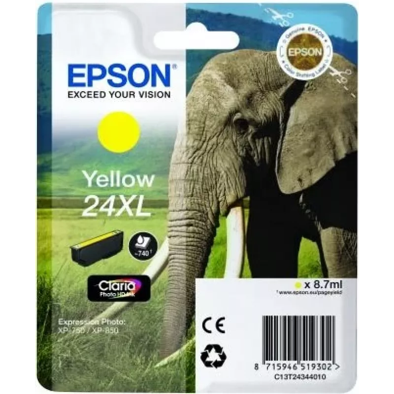 Epson Elephant embalagem individual amarelo 24XL Claria Photo HD tinta, amarelo, tinta pigmentada, 1 unid.