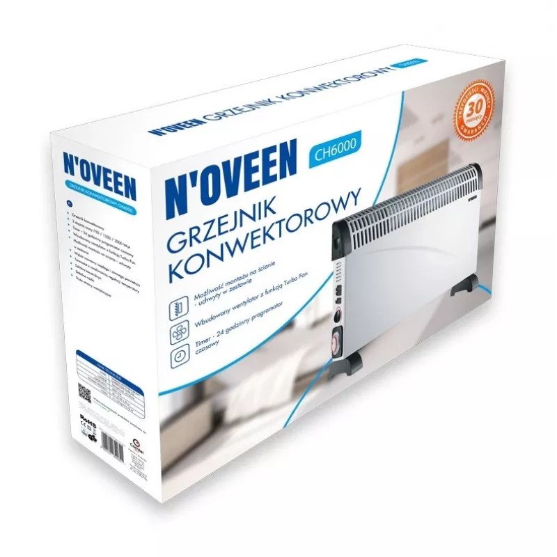Aquecedor elétrico por convecção NOVEEN CH-6000 TIMER TURBO FAN 2000W 3 níveis de potência montagem na parede/chão branco