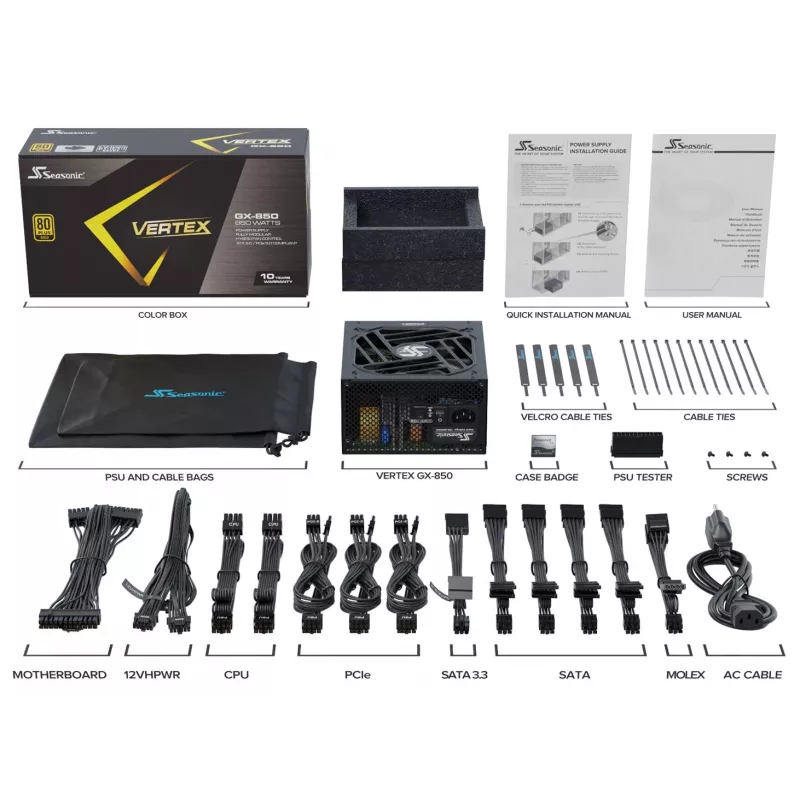 Fonte de alimentação SEASONIC VERTEX GX 850W, 80PLUS GOLD, 100000h MTBF