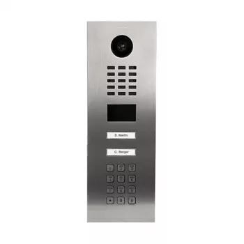 Intercomunicador de vídeo de porta DoorBird D2102KV — unidade exterior em aço inoxidável, IP65, sensor de movimento 10 m, LED IR, PoE (IEEE 802.3af), 10/100 Mbit/s, 131×383×49,6 mm