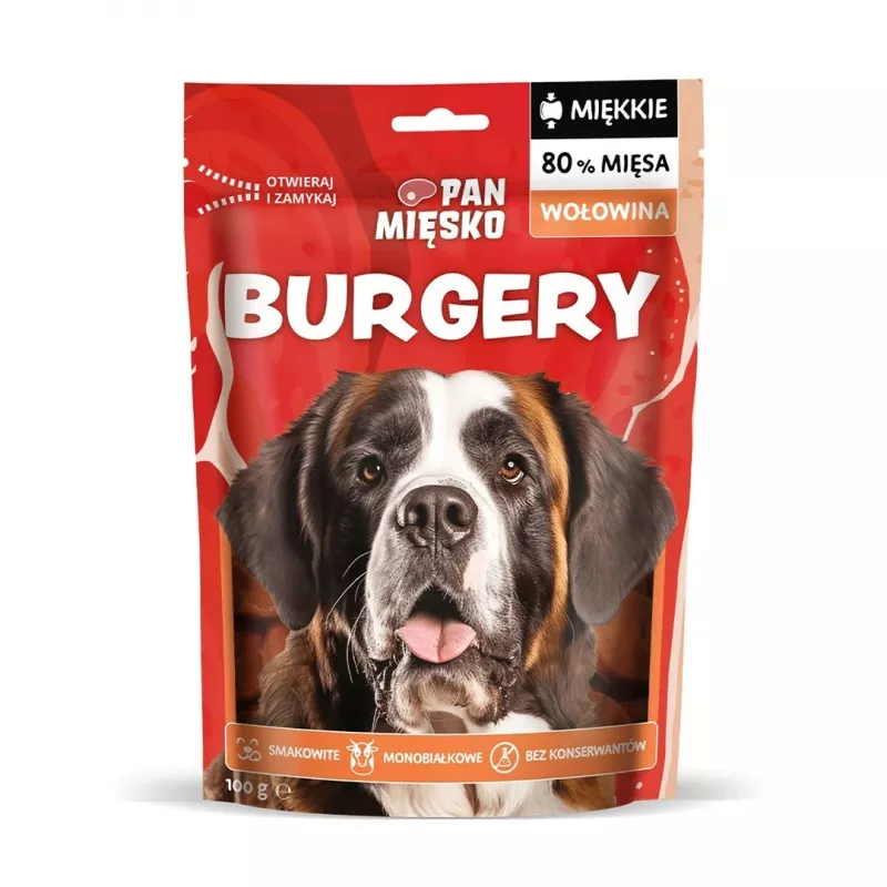 Snack para cães Pan Miesko Beef Burgers Adult 100 g — snack de vaca monoproteico hipoalergénico para cães adultos