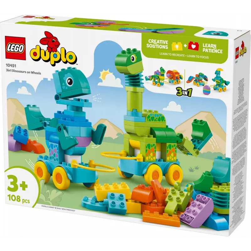 Brinquedo de construção LEGO DUPLO 10451 Dinossauros sobre Rodas conjunto 3-em-1, 108 peças, idade 3+, altura 220 mm