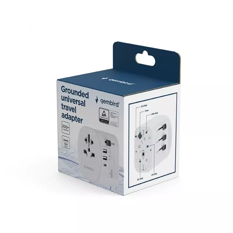 Adaptador de viagem GEMBIRD TPA-EU2A1C15-01-W – 15W, ficha Type-E, 2× USB-A + 1× USB-C, 100–250V