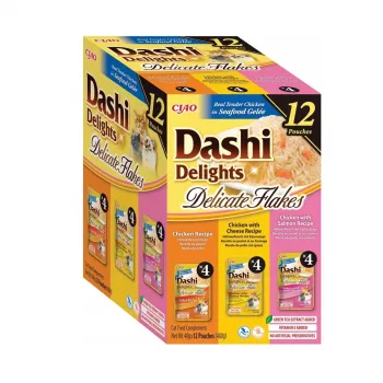 Comida húmida para gatos INABA Dashi Delights flocos tenros mistura de frango, 12 x 40 g, 86% humidade, 12% proteína, sem cereais nem glúten