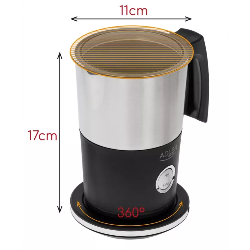 Espumador de leite automático Adler AD 4497 – aço inoxidável, 600W, 120 ml espuma / 300 ml aquecimento, quente e frio