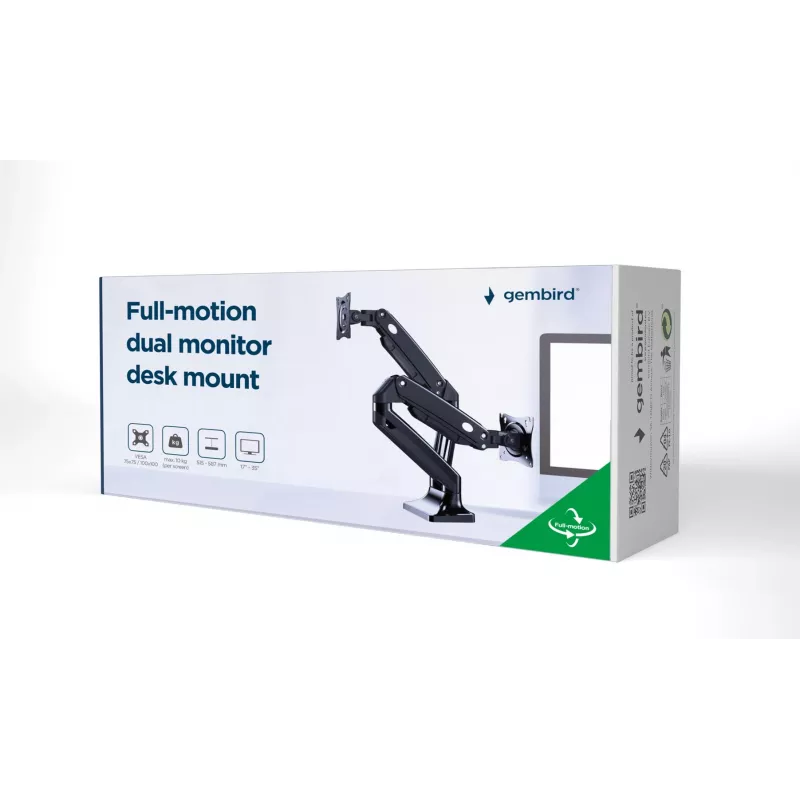 Suporte para monitor GEMBIRD MA-DA2-03 para ecrãs até 35 polegadas, fixação de mesa, VESA 75x75–100x100, 20 kg, preto, ecrã duplo