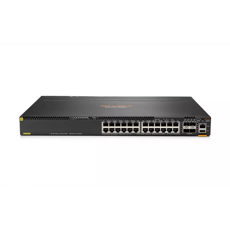 HPE - Aruba 6300M - Switch - L3 - gerido - 48 x 10/100/1000 (1 PoE+) + 4 x 1 Gigabit / 10 Gigabit / 25 Gigabit / 50 Gigabit SFP56 (Uplink / Stacking) Frente e lateral para trás