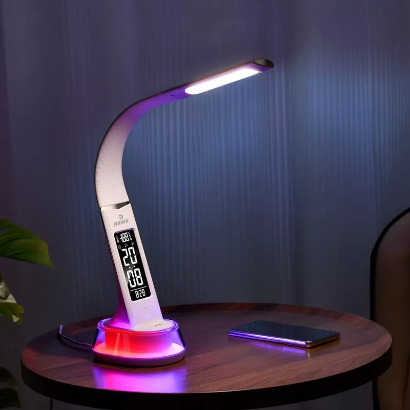 Candeeiro de secretária Hawk HW-LAMP05 branco LED ajustável — candeeiro de trabalho LED compacto com braço ajustável