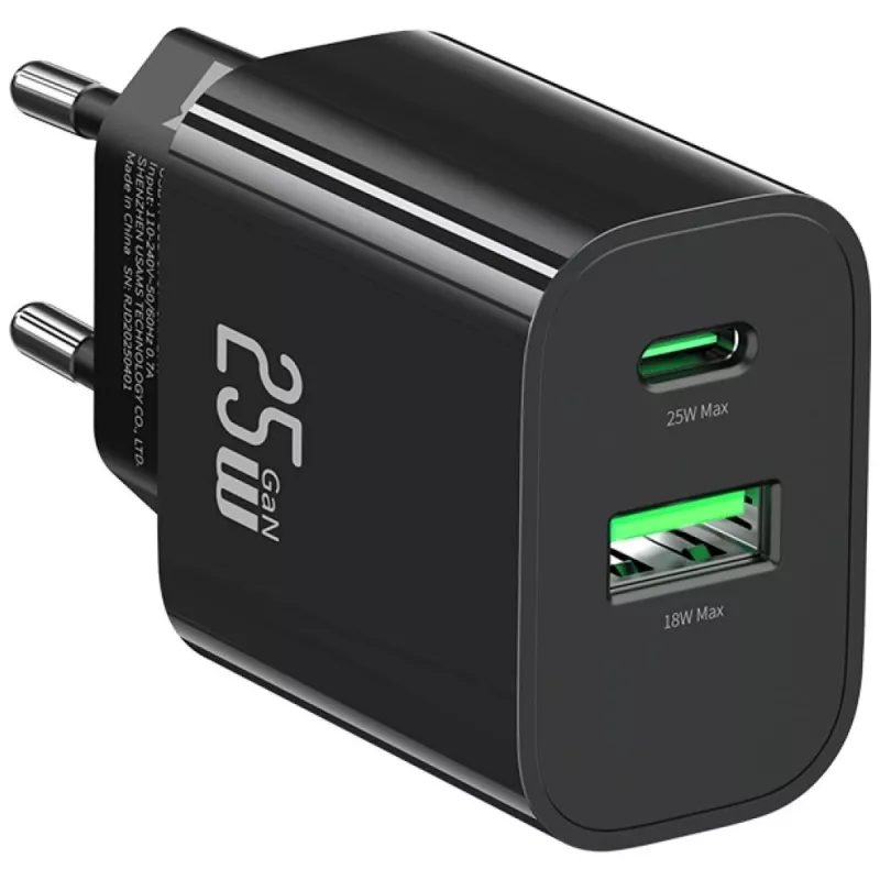 Carregador USB usams USA001629 25W 1×USB-C + 1×USB-A carregamento rápido