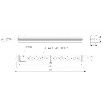 Unidade de distribuição de energia GEMBIRD EG-PDU-9F2F — 9 tomadas francesas (Type E), rack 1H, 16A, cabo de 2 m